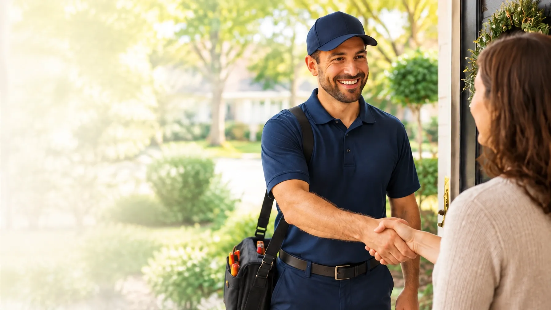 A Taystone plumber greeting a homeowner at the door